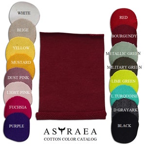 May include: A color chart of cotton fabric swatches in various colors, including white, beige, yellow, mustard, dust pink, light pink, fuchsia, purple, red, burgundy, metallic green, military green, lime green, light turquoise, dark gray, and black. The chart is labeled "ASTRAEA COTTON COLOR CATALOG".