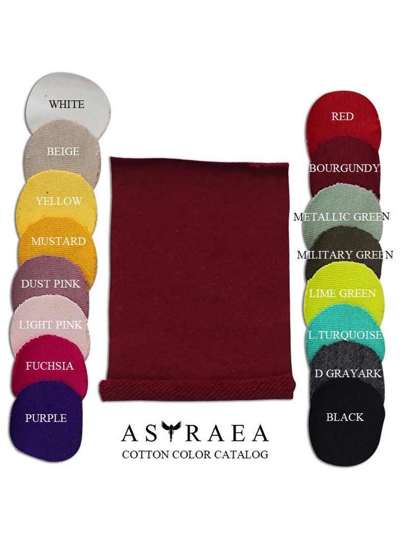 May include: A color chart of cotton fabric swatches in various colors, including white, beige, yellow, mustard, dust pink, light pink, fuchsia, purple, red, burgundy, metallic green, military green, lime green, light turquoise, dark gray, and black. The chart is labeled "ASTRAEA COTTON COLOR CATALOG".