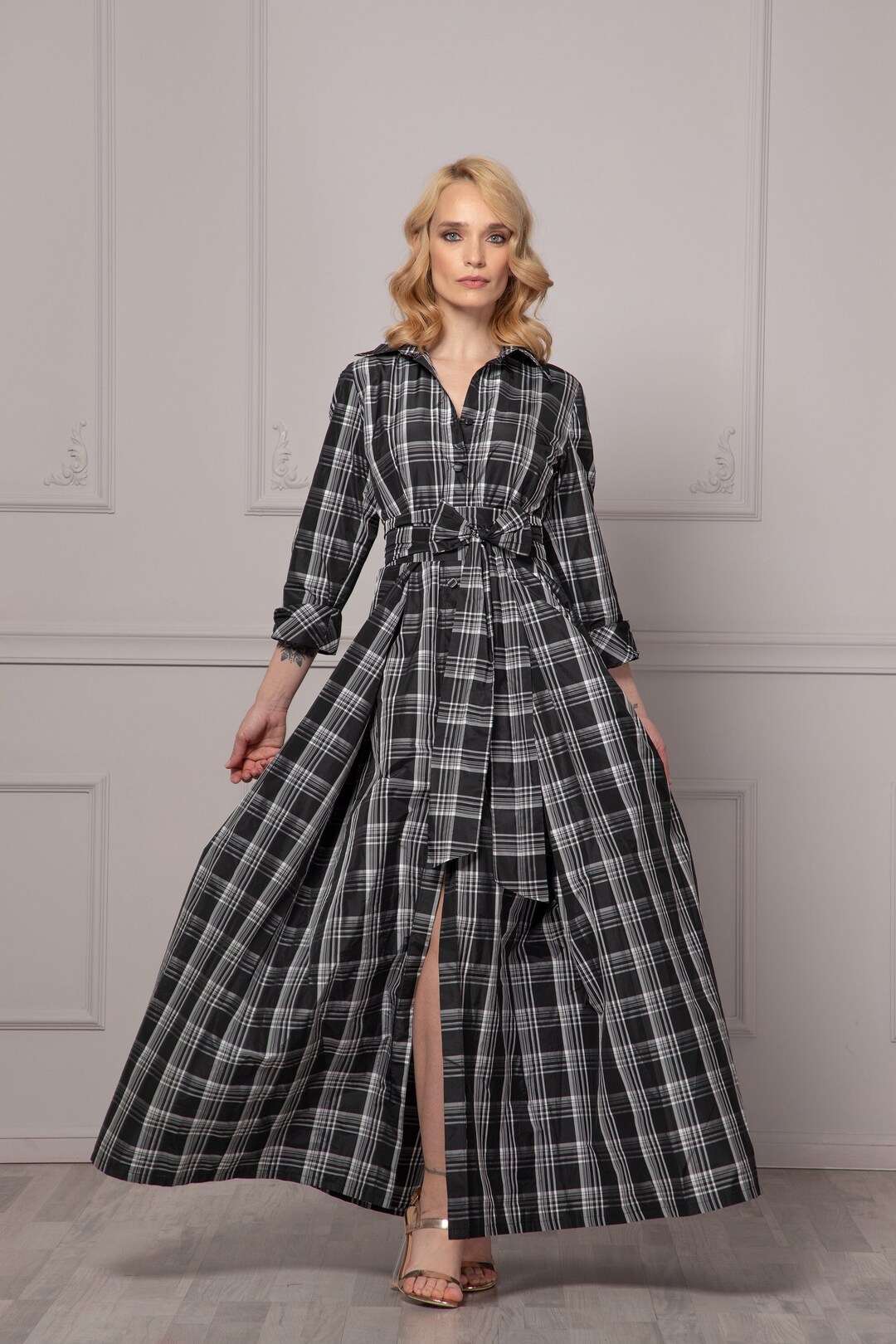 Plaid Tafetta Dress, Maxi Tartan Dress, Custom Size Dress, Wedding
