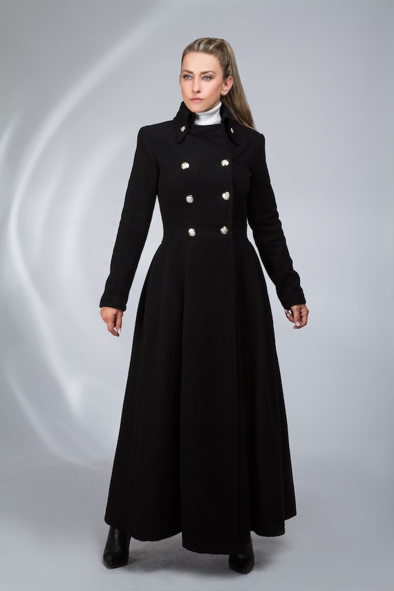 Maxi Wool Coat With Buttons, Floor Length Fit and Flare Coat, Maxi