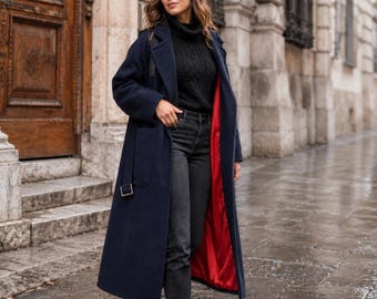 Dark Blue Winter Wool Coat for Women ~ Long Oversized Coat with Belt and Pockets ~ Cozy Warm Womens Clothing