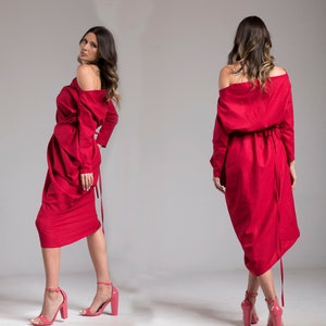 Avantgarde Leinenkleid, Sommer-Cocktailkleid für Damen, Asymmetrisches Tunika-Kleid, Multiway Extravagantes Kleid, kalte Schultern Leinenkleid