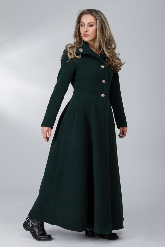 Forest Green Coat Wool Women Coat Maxi Coat With Buttons | Etsy