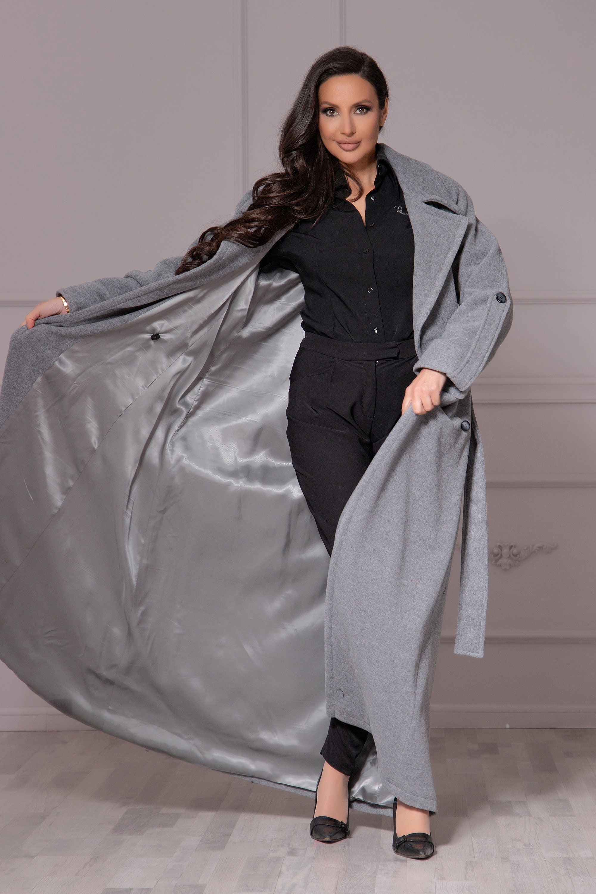 Loose Winter Trench Coat With Trapeze Silhouette, Chunky