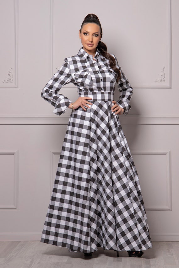 Wedding Guest Pocket - Checkered Plaid Black and Maxi Australia With Dress, Winter Dress, Dress and Lady Etsy Collar, Dress, Shirt White Cuffs Buffalo Dress,