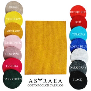 Puede incluir: Un cat&aacute;logo de colores de algod&oacute;n con una gran muestra de tela de color mostaza y muestras redondas de tela en varios colores, incluyendo beige, amarillo, rosa, rojo y negro. El cat&aacute;logo est&aacute; etiquetado como "ASTRAEA COTTON COLOR CATALOG".
