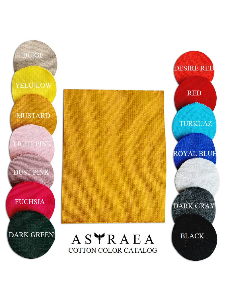 Puede incluir: Un cat&aacute;logo de colores de algod&oacute;n con una gran muestra de tela de color mostaza y muestras redondas de tela en varios colores, incluyendo beige, amarillo, rosa, rojo y negro. El cat&aacute;logo est&aacute; etiquetado como "ASTRAEA COTTON COLOR CATALOG".