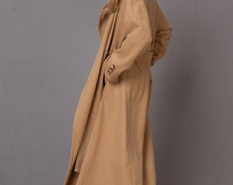 Maxi Wool Plus Size Coat Pleated Back Coat, Wide Beige Overcoat