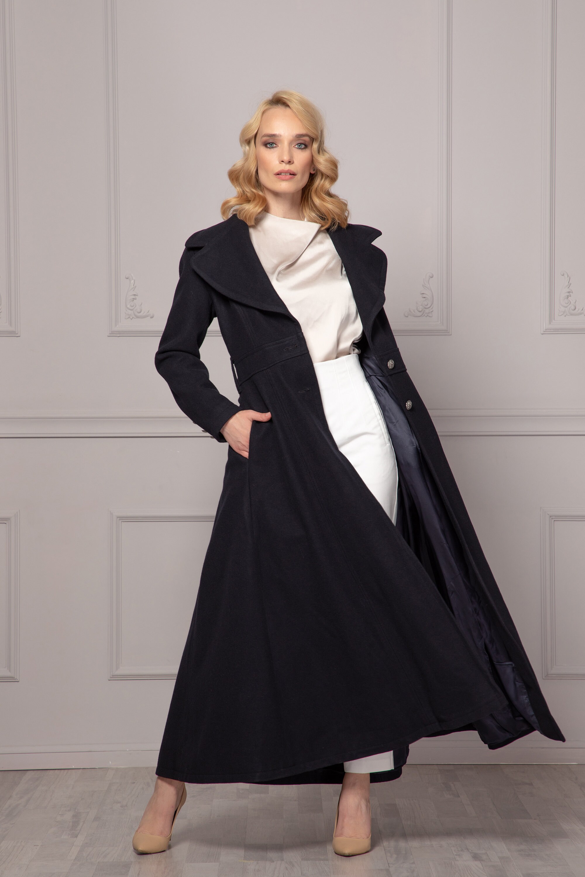 Dark Blue Cashmere Coat, Maxi Flared Coat, Wool Winter Coat