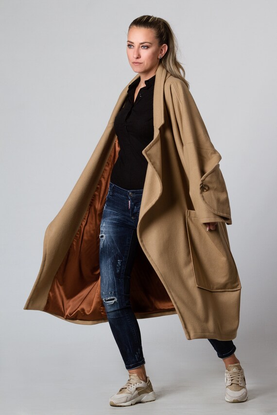 Oversized Beige Cashmere Coat, Plus Size Swing Jacket, Big Wool