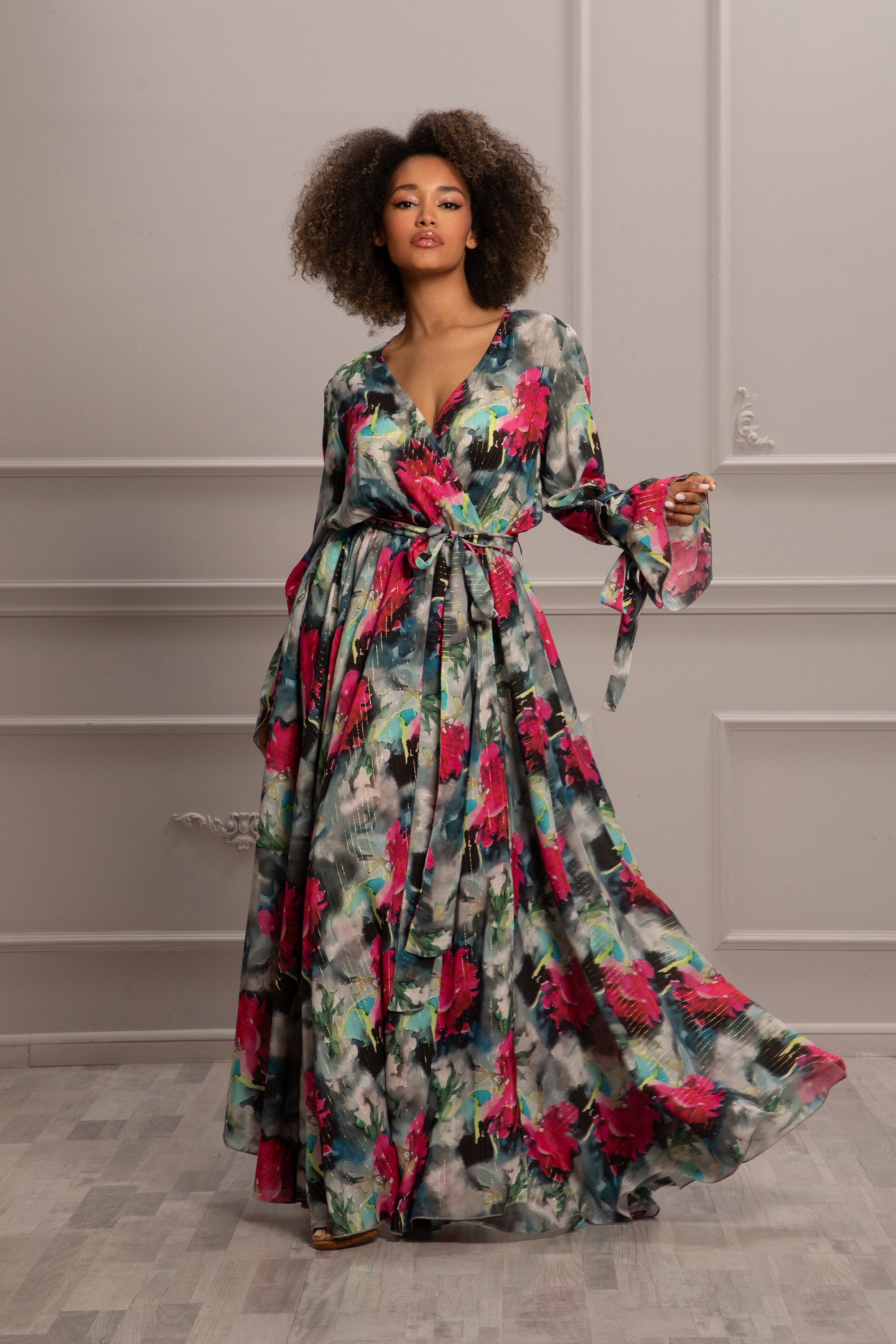 long floral dresses for wedding guest V Neck Ankle Length Short Sleeves Dress, Floral / L neckline and ankle length design Mac Duggal Women's Embroidered Floral