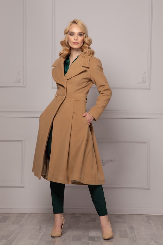 Fit and Flare Long Wool Camel Coat Skirted Overcoat Winter Swing Coat Double breasted Jacket Wide Lapel Buttons Overcoat Plus Size Coat Etsy