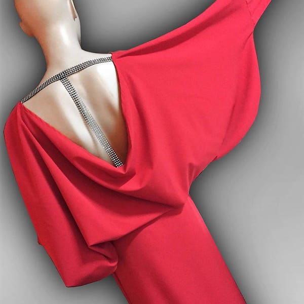 Plus Size Red Formal Dress, Fancy Cocktail Dress, Backless Maxi Blouson Dress, Vintage Style Batwing Dress, Elegant Valentine Day Dress