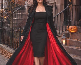 Long Wool Maxi Coat with Pockets, Halloween Costume Overcoat, Witchy Coat, Floor Length, Black Wool Coat, Womens Clothing, Cozy Winter Coat