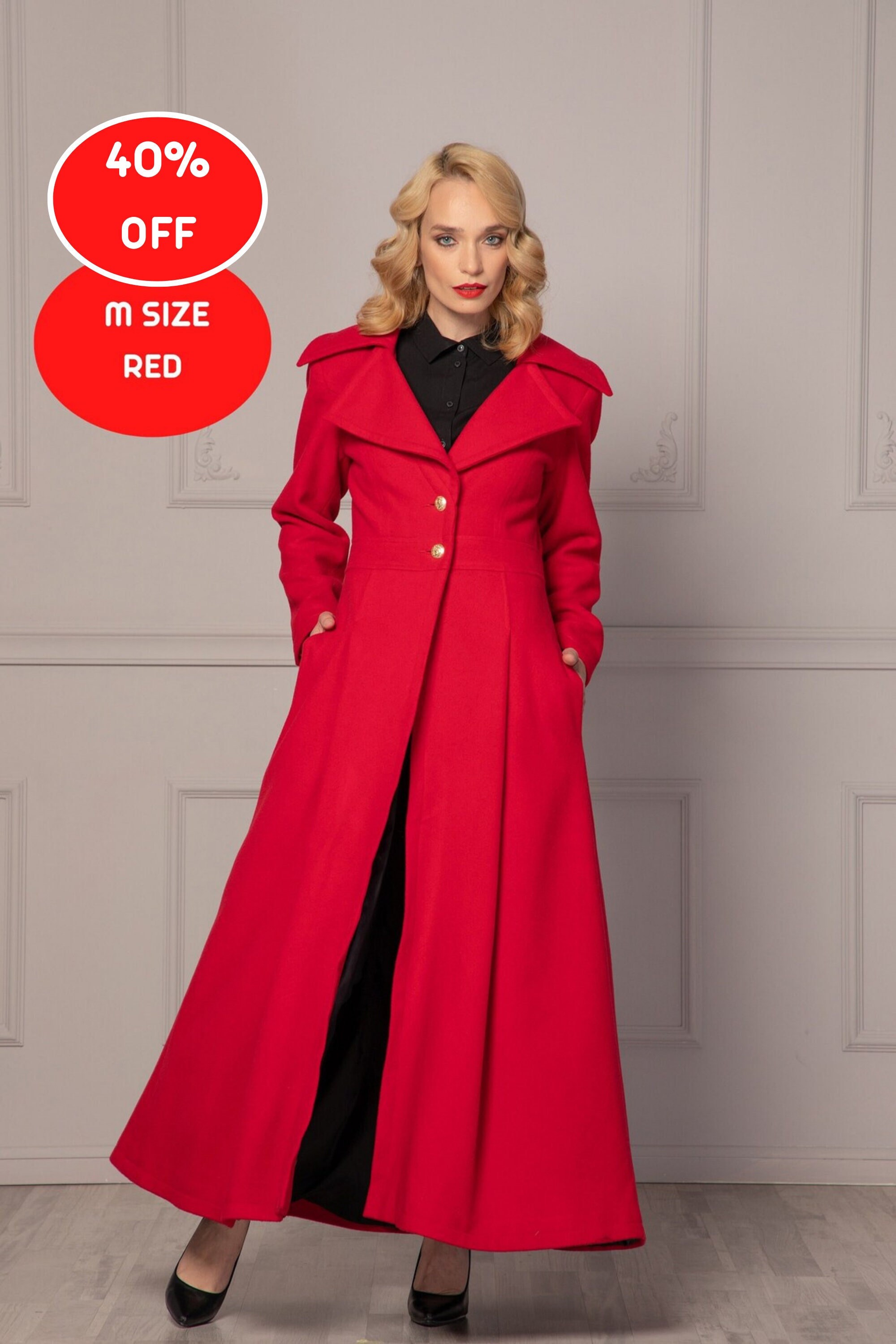40% OFF Size M Coat - Sizzling Red Full Length Wool Designer