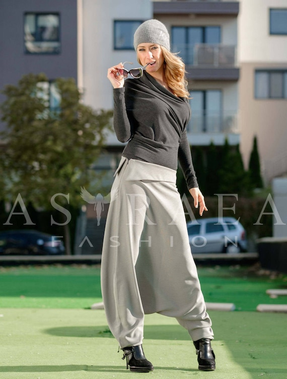 Drop Crotch Pants Aladdin Pants Plus Size Clothing Wool Pants Gray Pants Harem Pants Baggy Pants Womens Pants Wide Leg Pants