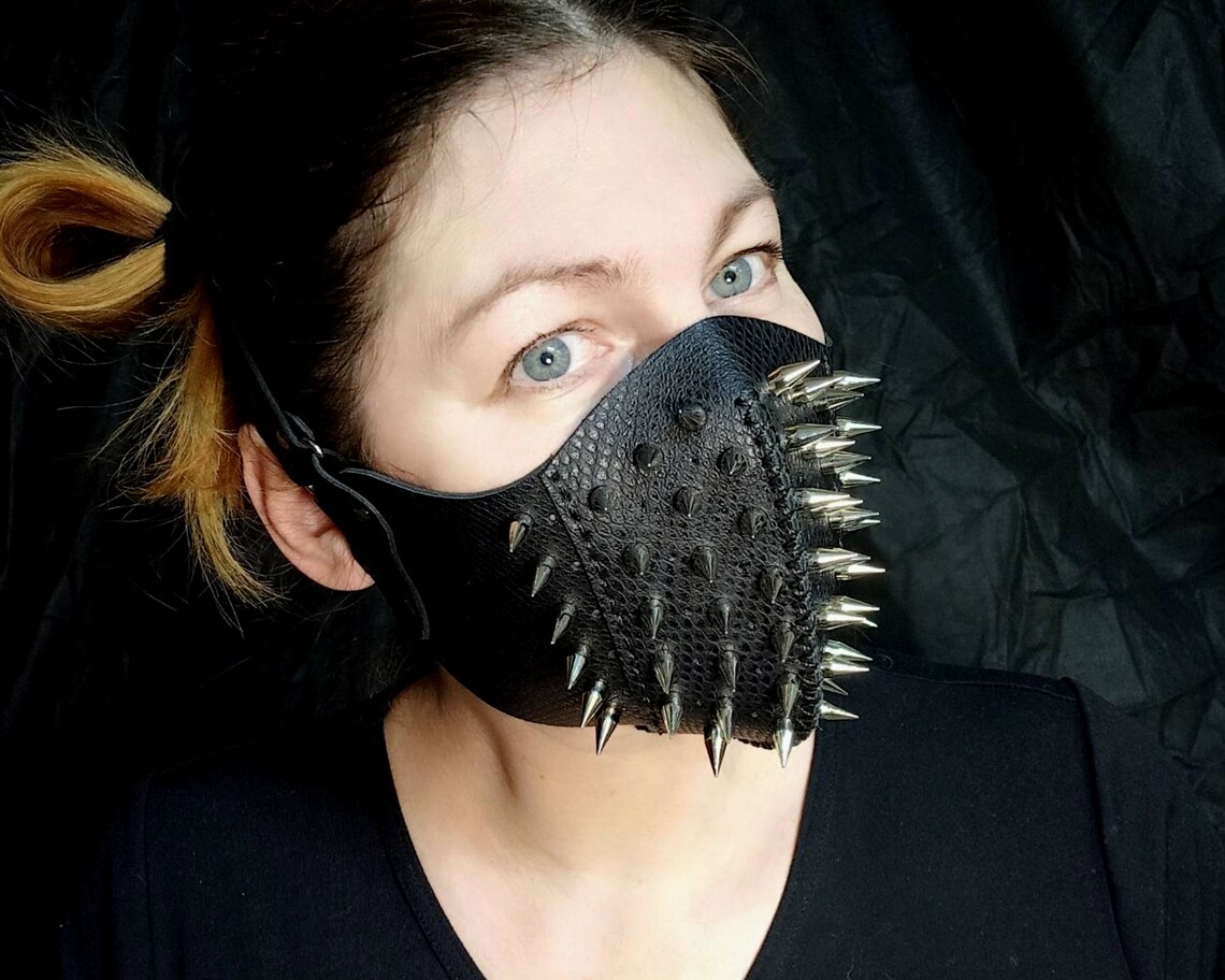 Black Leather Mask Mask With Metal Spikes Spiked Mask Leather Etsy