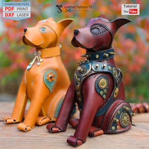 Patrón de alcancía de cuero con forma de perro: Diseños steampunk y florales (PDF/DXF)