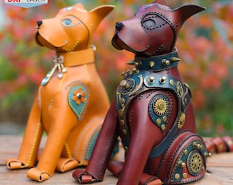 Leather Dog Piggy Bank Pattern: Steampunk & Floral Designs (PDF/DXF)