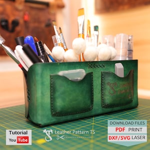 Patrón de organizador de escritorio de cuero: portalápices de 5 compartimentos (archivos PDF, SVG y DXF digitales)