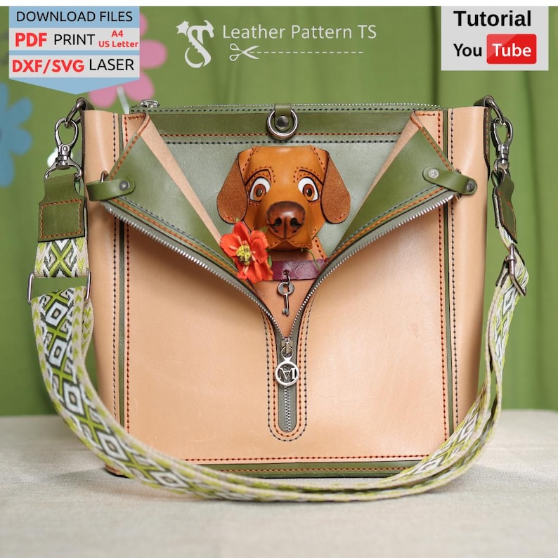 Front view of leather crossbody bag with dog face applique and printed strap – includes tutorial