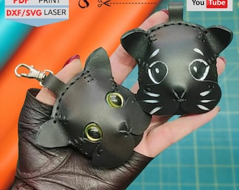 Patrón de gato de cuero (PDF) - Plantilla de llave de cuero - Patrón de cuero - Llavero de mochila - Corte láser de cuero (DXF/SVG) - Patrón de cuero (TS)
