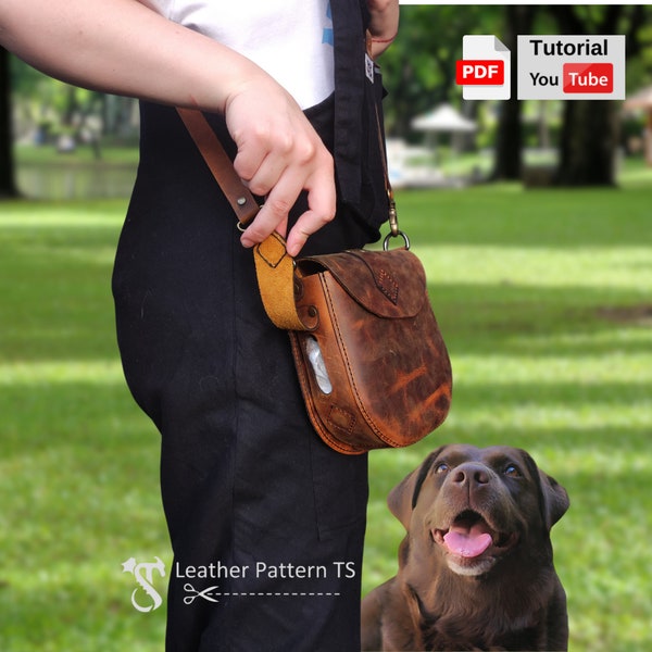 Modèle de sac de promenade en cuir pour chien - Sac à friandises pour chien - Distributeur de sac pour caca de chien - Sac à bandoulière pour promenade de chien - Tutoriel vidéo - Modèle en cuir TS