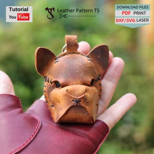 Leather Bulldog Keychain Pattern: Dog Head Bag Charm (PDF, SVG, DXF Template)
