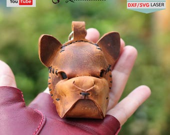 Leather Bulldog Keychain Pattern: Dog Head Bag Charm (PDF, SVG, DXF Template)