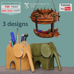 Op de afbeelding: Afbeelding toont drie lederen ontwerpen: een olifanten pennenhouder, een groene olifantenbox en een steampunk luchtschip. De pennenhouder is beige met blauwe stiksels. Het luchtschip is bruin met klinknagels en een propeller. Tekst bevat "DOWNLOAD BESTANDEN" en "3 designs."