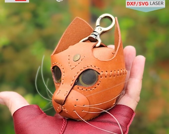 Leather Cat wallet keychain Pattern: Coin Purse & bag charm (Digital Download)