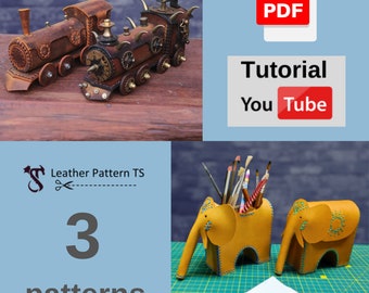 Leather Pattern Set - Elephant Pattern Leather - locomotive Leather template - Digital PDF Download - Video Tutorial - Leather Pattern TS