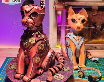 Leather Steampunk Cat Piggy Bank Pattern (PDF, DXF)