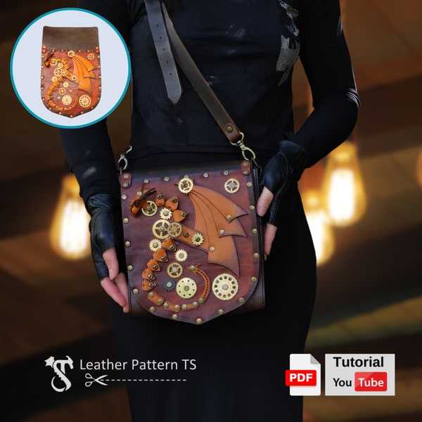 Pattern Steampunk Dragon Interchangeable Lid Design for Base Leather Bag (Base Bag Sold Separately) - PDF - Leather Pattern TS