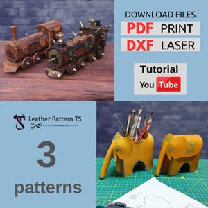 Leather Pattern Set - Elephant Pattern Leather - locomotive Leather template - Digital PDF Download - Laser Cutting DXF - Leather Pattern TS