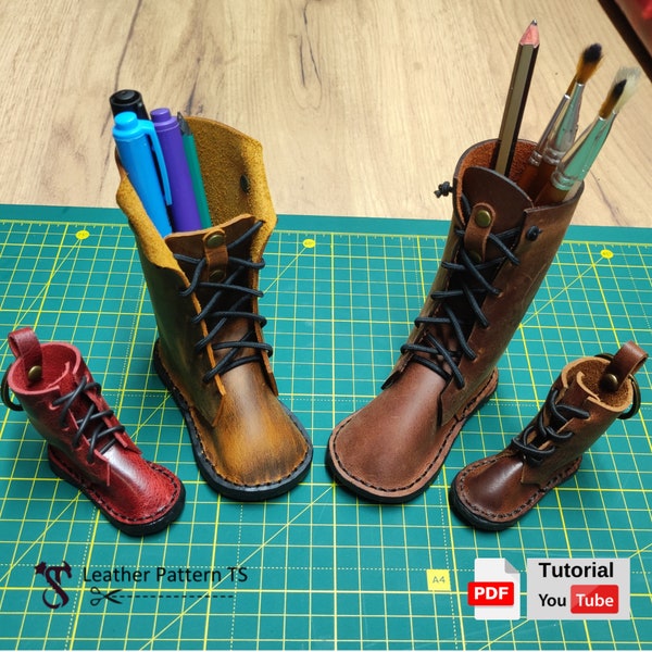 Mini bottes en cuir - Porte-stylo en cuir - Porte-clés modèle de chaussure - Téléchargement numérique PDF - Tutoriel vidéo - Modèle en cuir TS