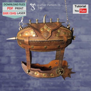 May include: A handcrafted brown leather steampunk-style airship with brass accents. The design includes a pointed front, decorative rivets, and a gear-shaped detail. The image also includes the text "DOWNLOAD FILES PDF PRINT DXF/SVG LASER".