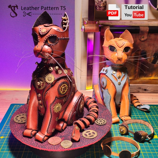 Leather Cat piggy Bank - Pattern PDF - Steampunk Cat Template - Leather Pattern - Video Tutorial - Leather Pattern TS