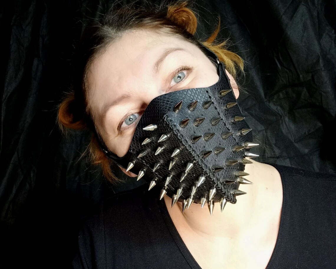 Black Leather Mask Mask With Metal Spikes Spiked Mask Leather Etsy