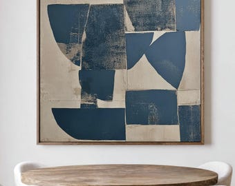 Beige And Blue Abstract Art Print | Square Acrylic Painting | Modern Minimalist Poster | Stretched Framed Canvas | Large