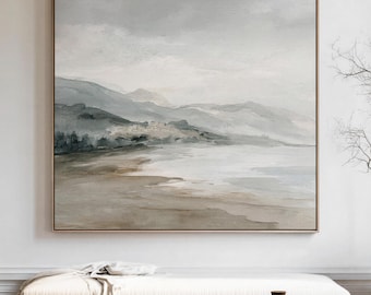 Beige And Grey Landscape Art Print | Square Watercolor Painting | Modern Minimalist Poster | Stretched Framed Canvas | Large