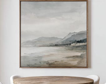 Beige And Grey Landscape Art Print | Square Watercolor Painting | Modern Minimalist Poster | Stretched Framed Canvas | Large