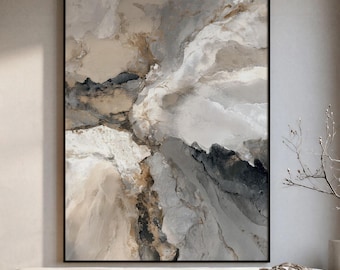 Abstract Beige And Grey Art Print | Acrylic Painting | Modern Minimalist Poster | Stretched Framed Canvas Wall Decor