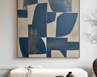 Beige And Blue Abstract Art Print | Square Acrylic Painting | Modern Minimalist Poster | Stretched Framed Canvas | Large