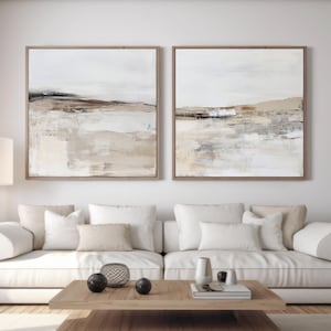 Abstrakt beige landskapskonsttryck, set om 2 | Kvadratisk målning i modern stil | Modern minimalistisk poster | Väggdekoration i sträckt canvas