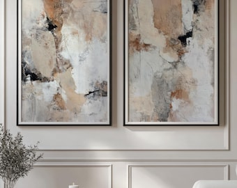 Abstract Beige Art Print Set of 2 | Acrylic Painting | Modern Minimalist Poster | Stretched Canvas Wall Decor