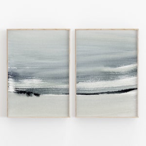 Grey And Blue Landscape Painting Set of 2, Moody Seascape Abstract Wall Art, PRINTABLE Art, Printable Wall Decor, Poster