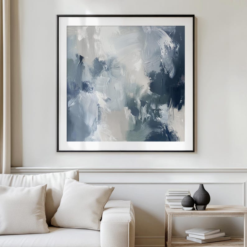 Neutral Blue and Grey Abstract Art Print | Square Acrylic Painting ...