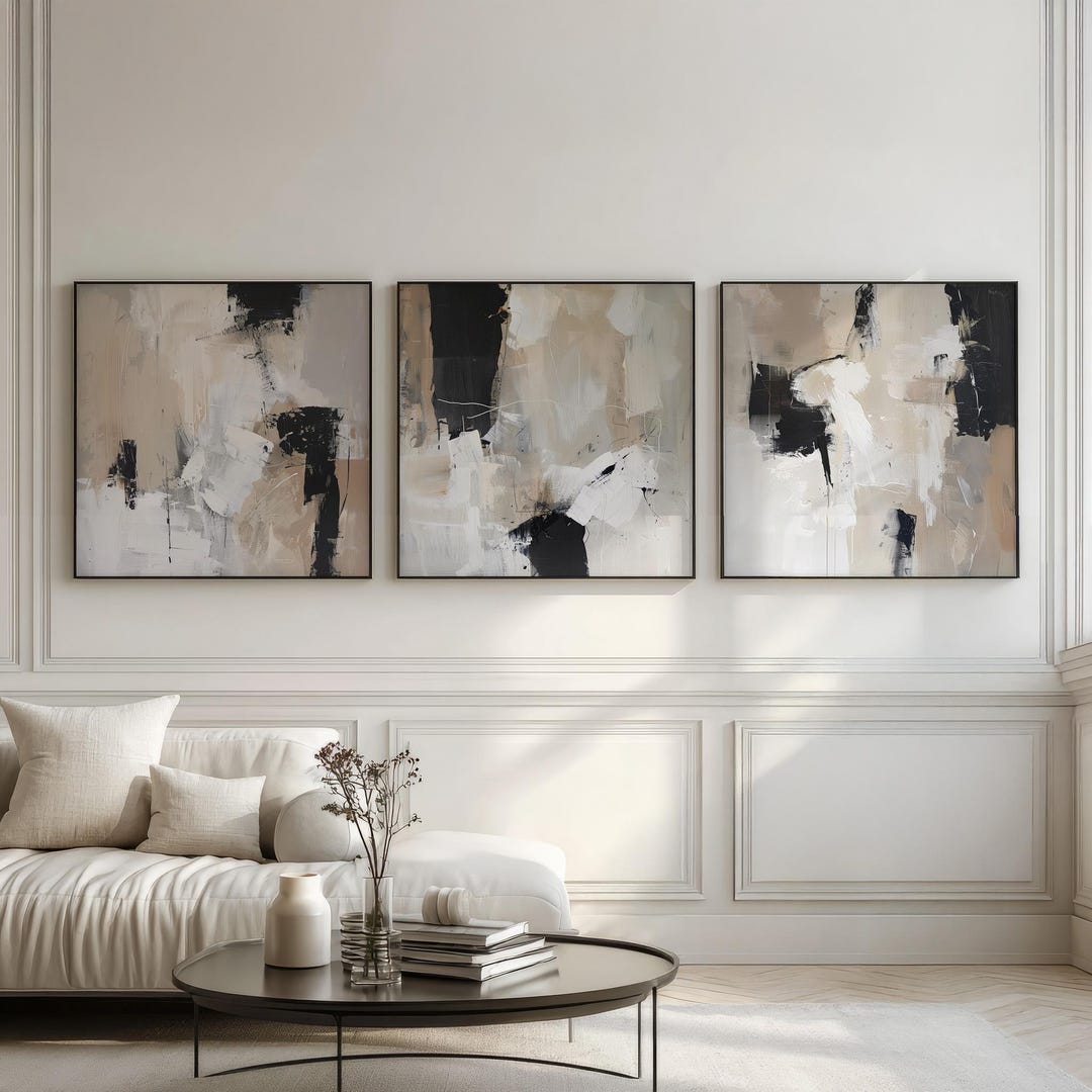 Beige and Black Abstract Art Print Set of 3 | Square Acrylic Painting ...