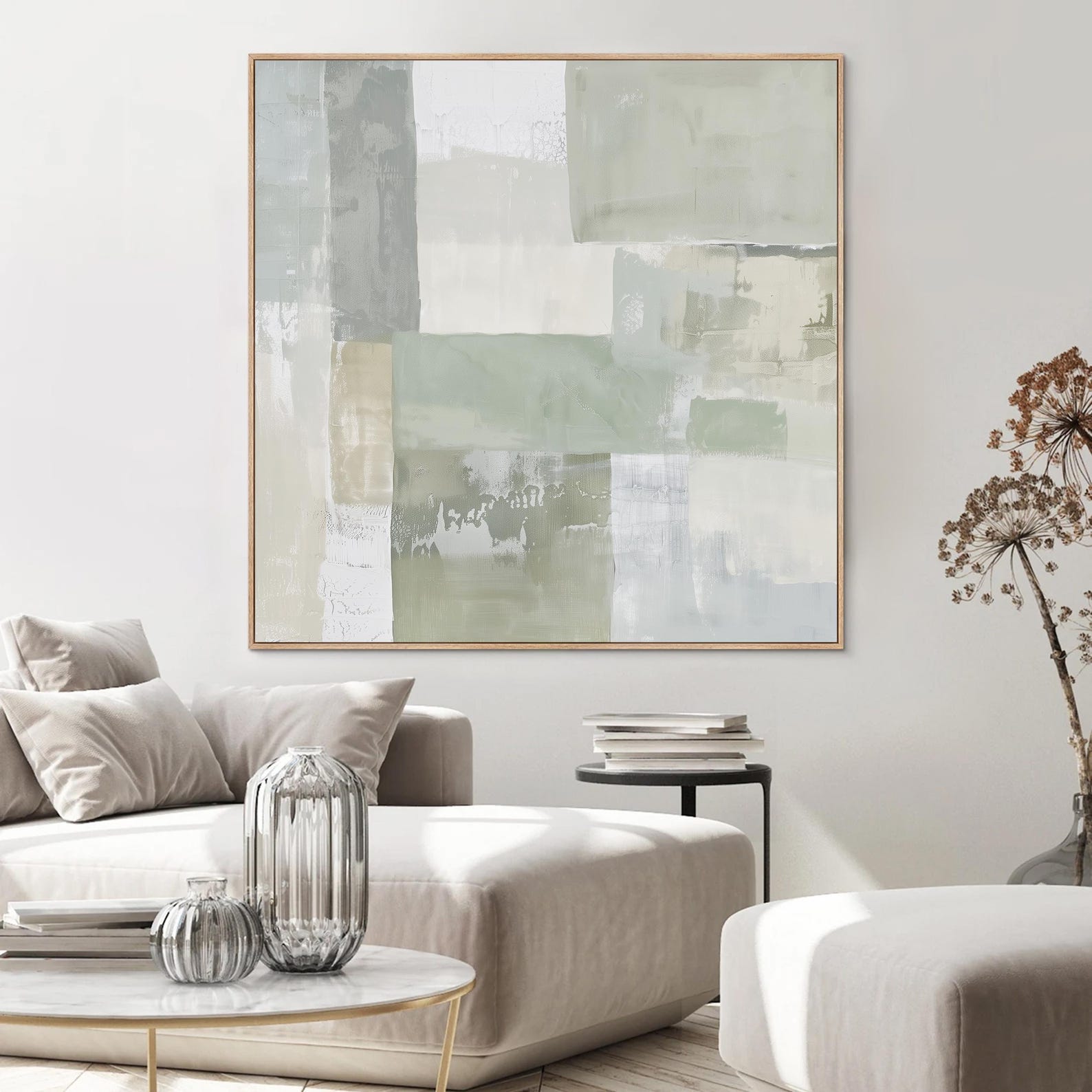 Neutral Sage Green Abstract Art Print | Square Acrylic Painting ...